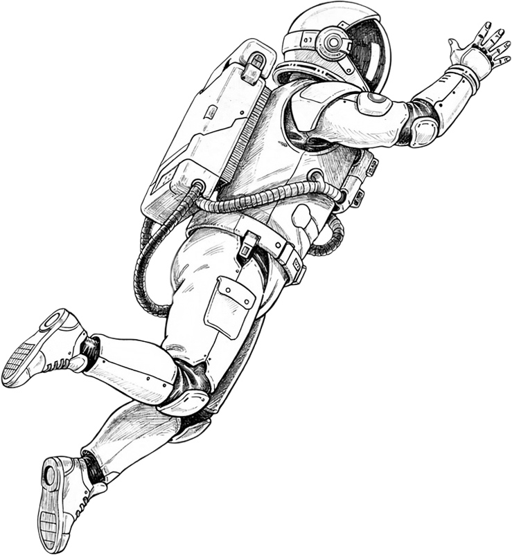 illustration professionnelle faite à la main d'un astronaute futuriste qui tombe dans le vide et tente de s'accrocher au logo